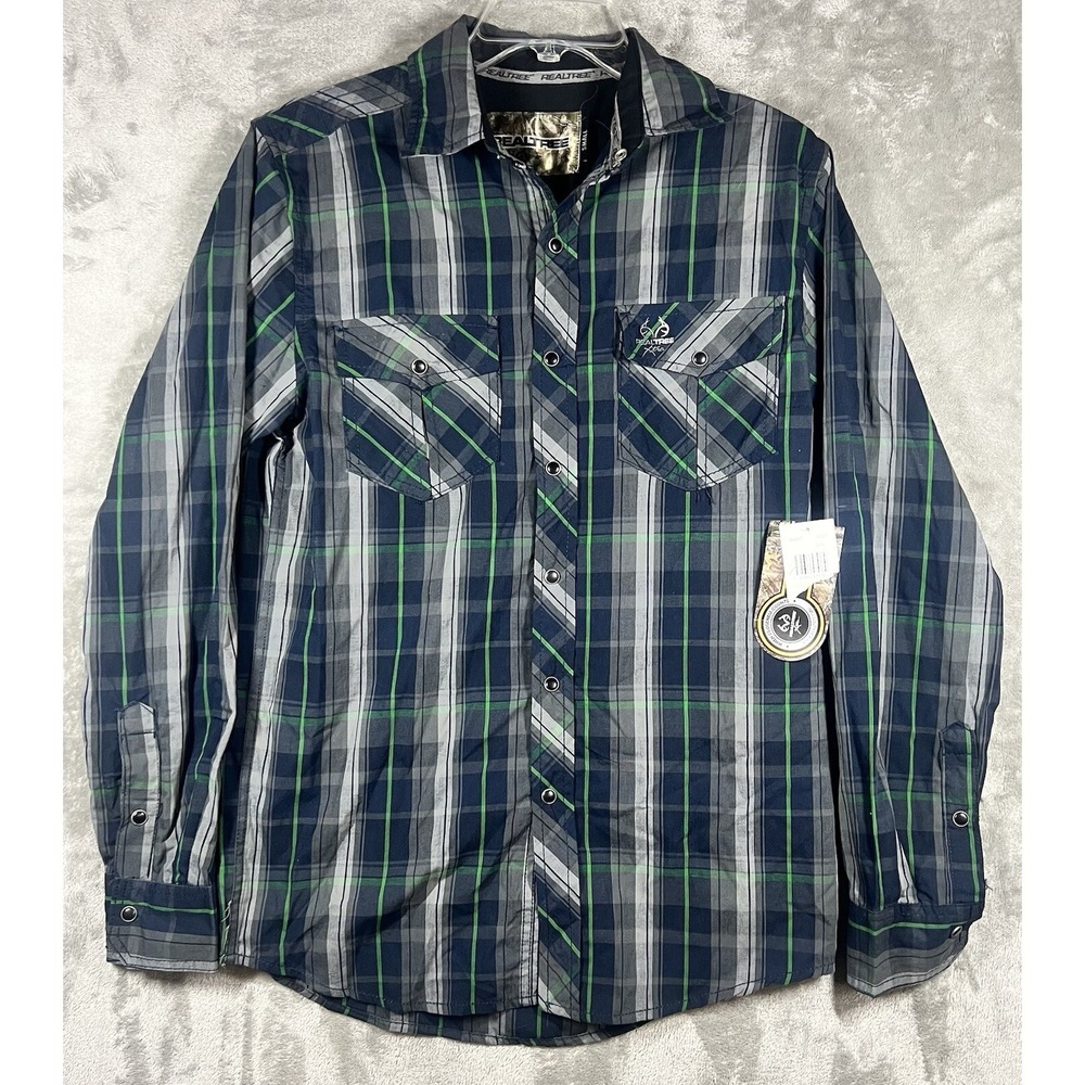 RealTree Shirt‎ Xtra Green Mens SZ S Plaid Button Up Pearl Snap Long Sleeve NEW